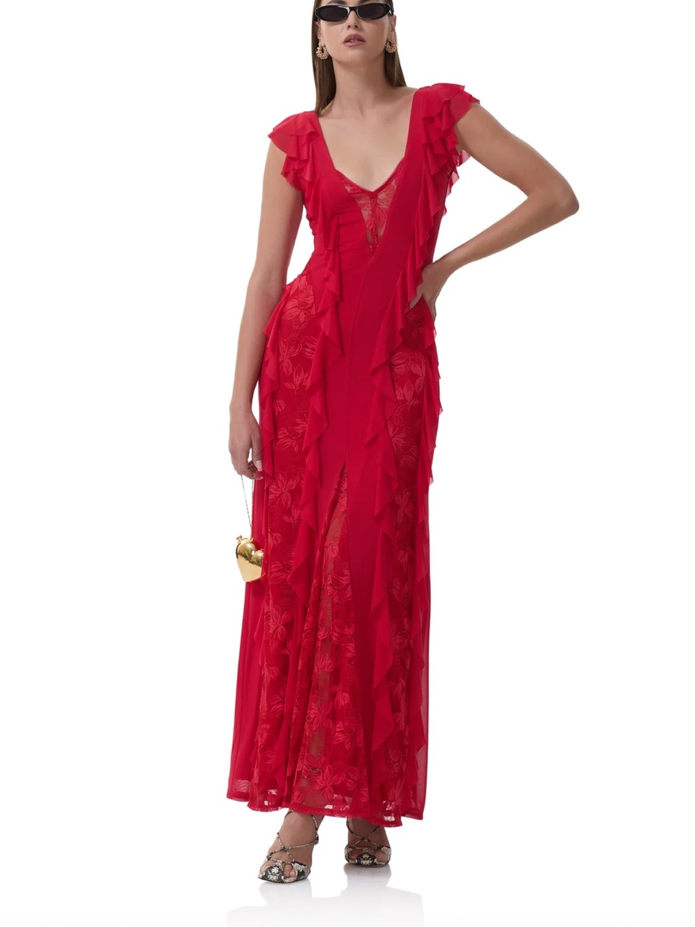 AFRM Red Ruffle V-Neck Maxi Dress
